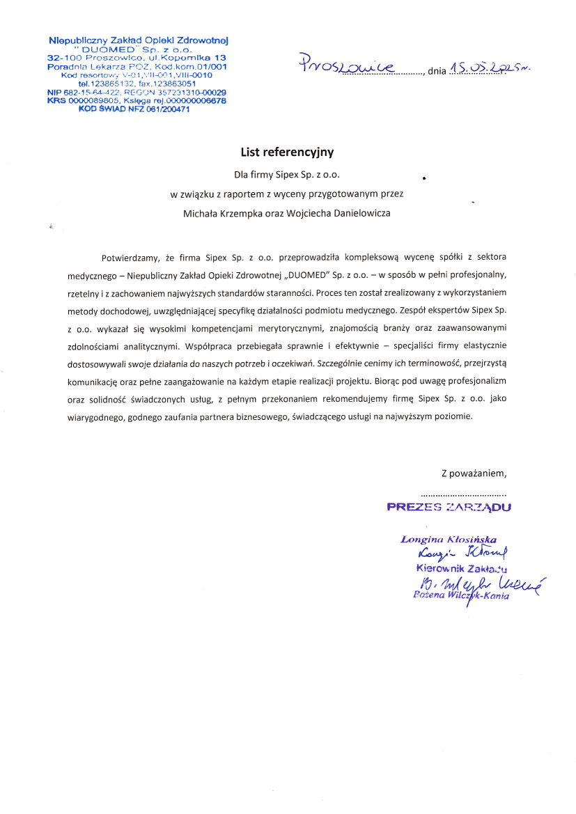 List referencyjny: Niepubliczny Zakład Opieki Zdrowotnej „DUOMED” Sp. z o.o.