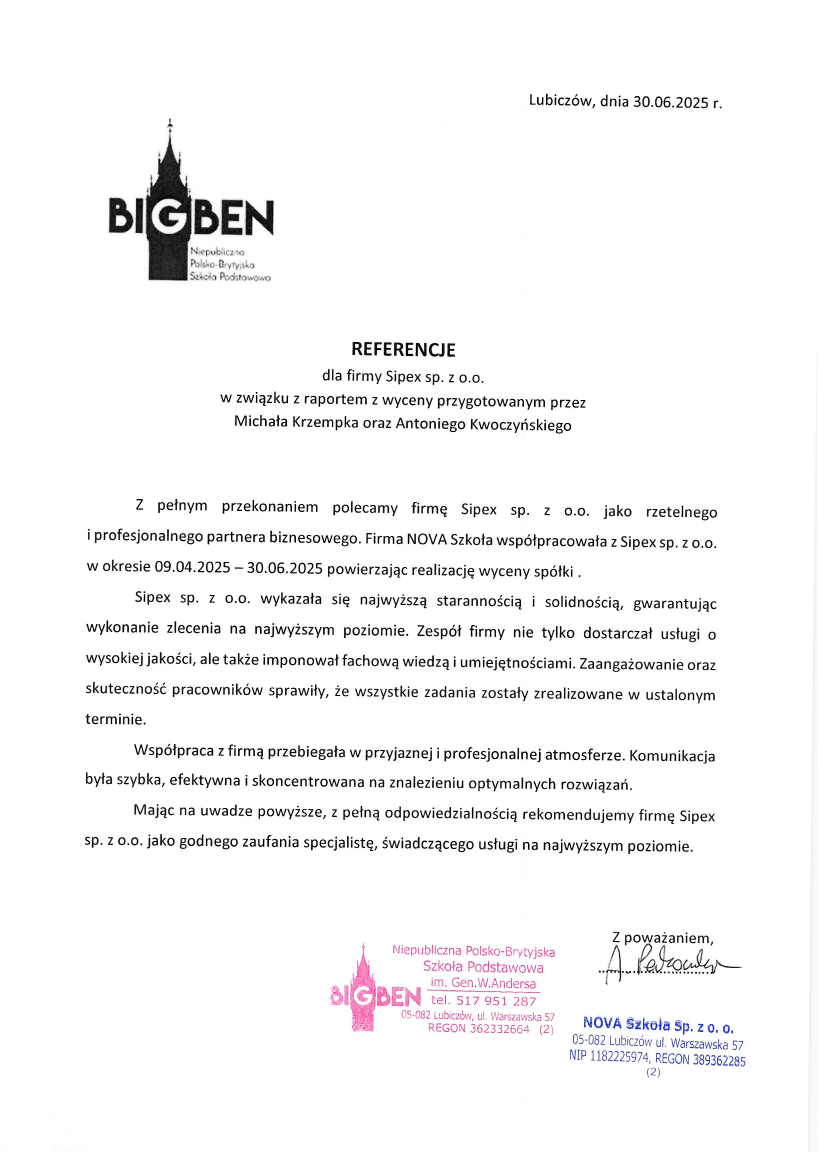 List referencyjny: NOVA Szkoła sp. z o.o.
