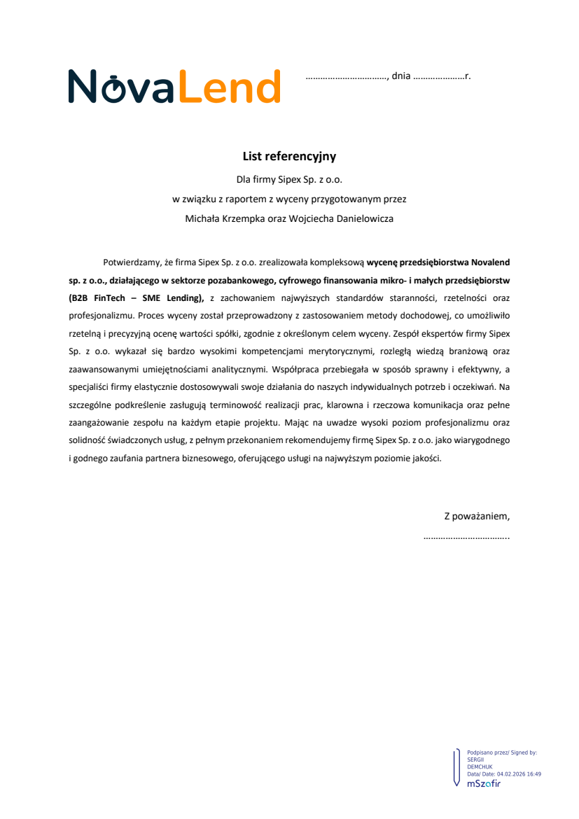 List referencyjny: Novalend sp. z o.o.