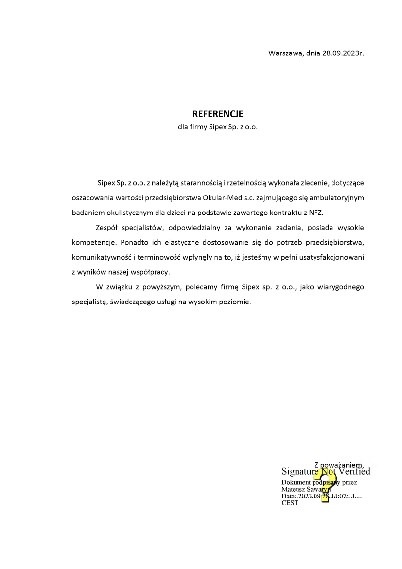 List referencyjny: Okular-Med s.c.
