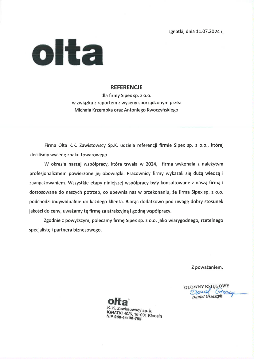 List referencyjny: Olta K.K. Zawistowscy sp.k.