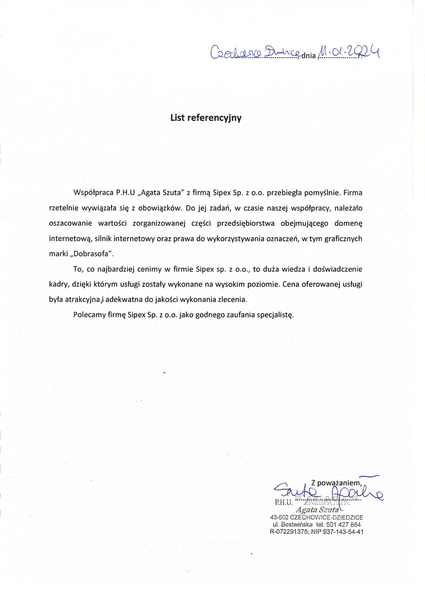 List referencyjny: P.H.U. Agata Szuta