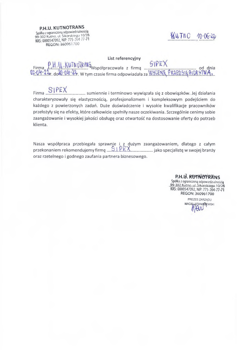 List referencyjny: P.H.U. KUTNOTRANS Spółka z ograniczoną odpowiedzialnością