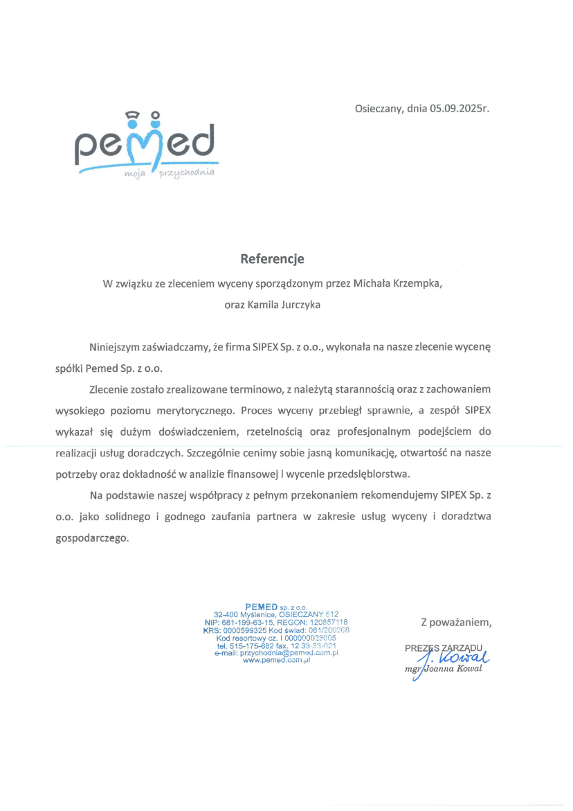 List referencyjny: PEMED sp. z o.o.