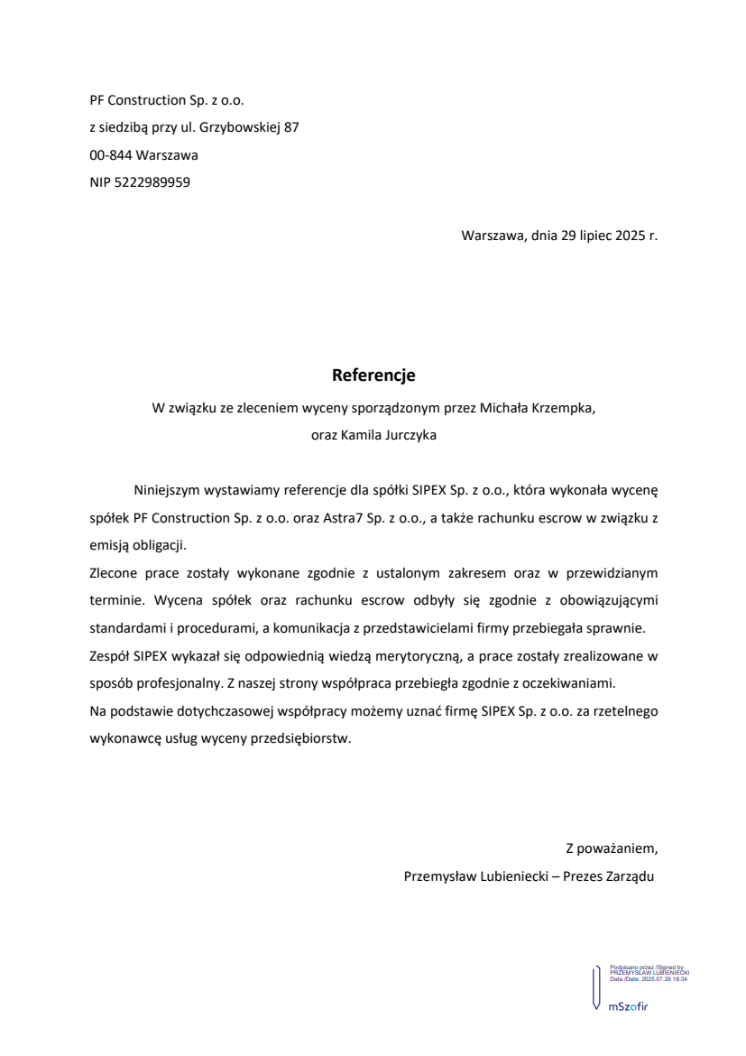 List referencyjny: PF Construction Sp. z o.o.