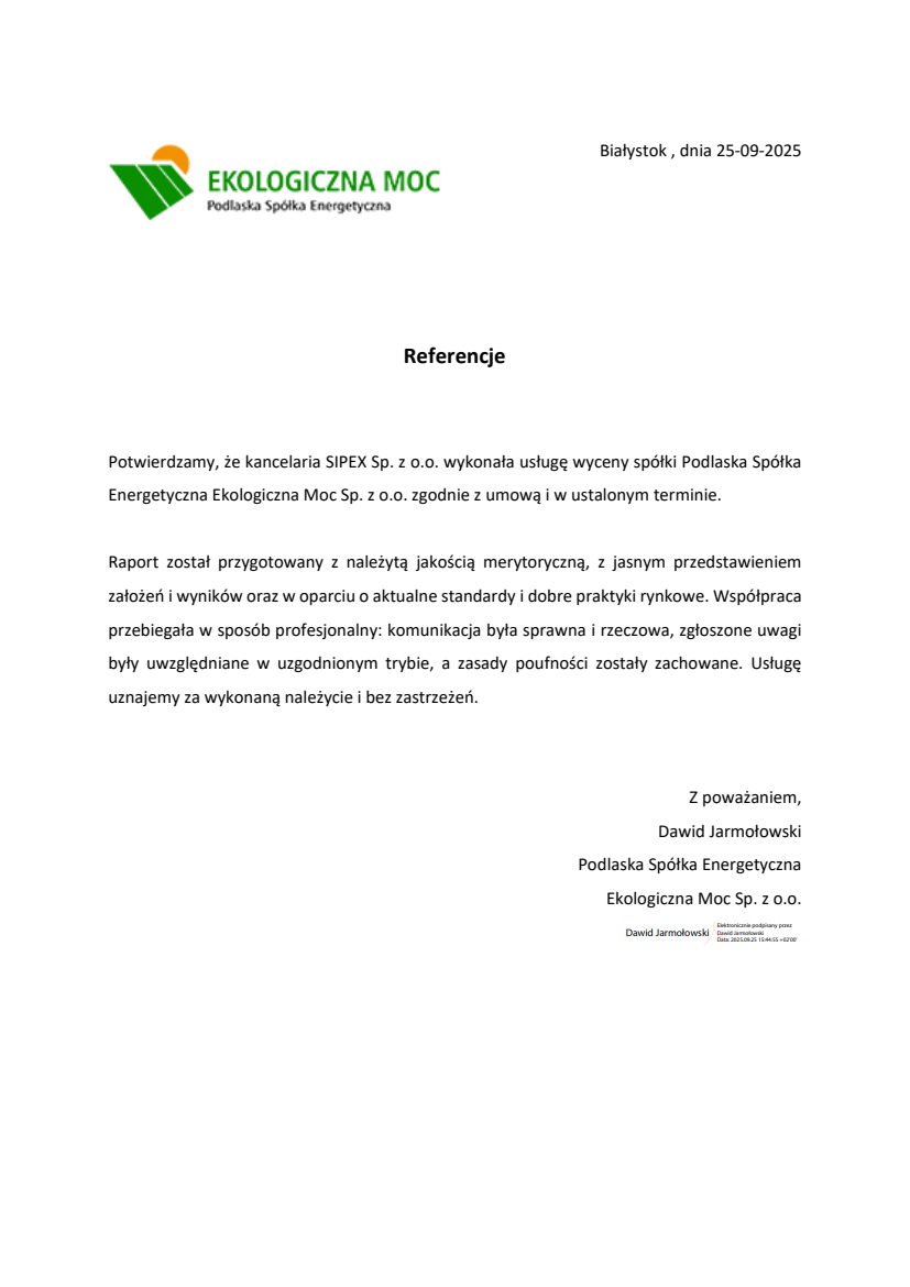 List referencyjny: Podlaska Spółka Energetyczna Ekologiczna Moc Sp. z o.o.