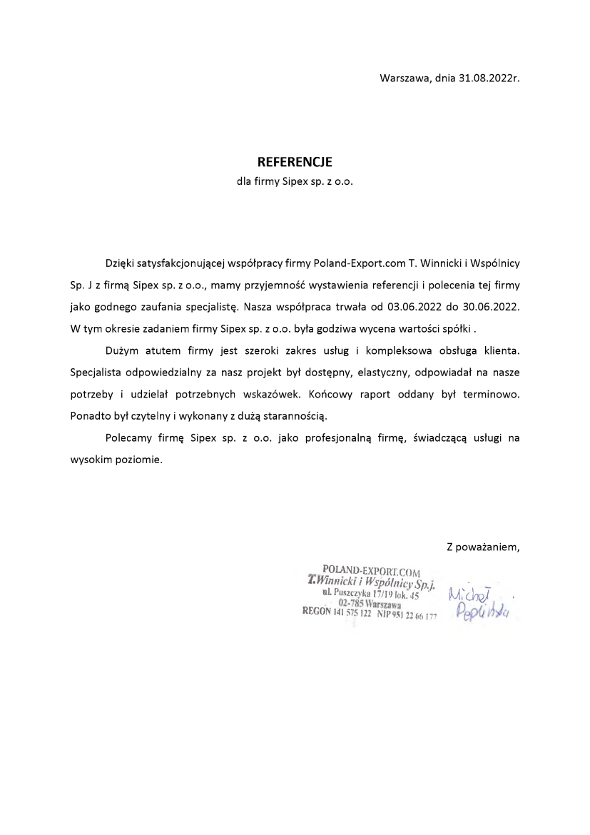 List referencyjny: Poland-Export.com T. Winnicki i Wspólnicy Sp. J.