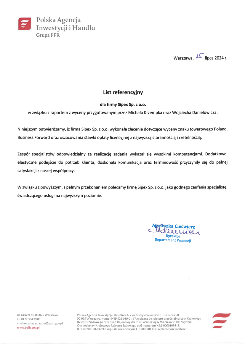 List referencyjny: Polska Agencja Inwestycji i Handlu S.A.