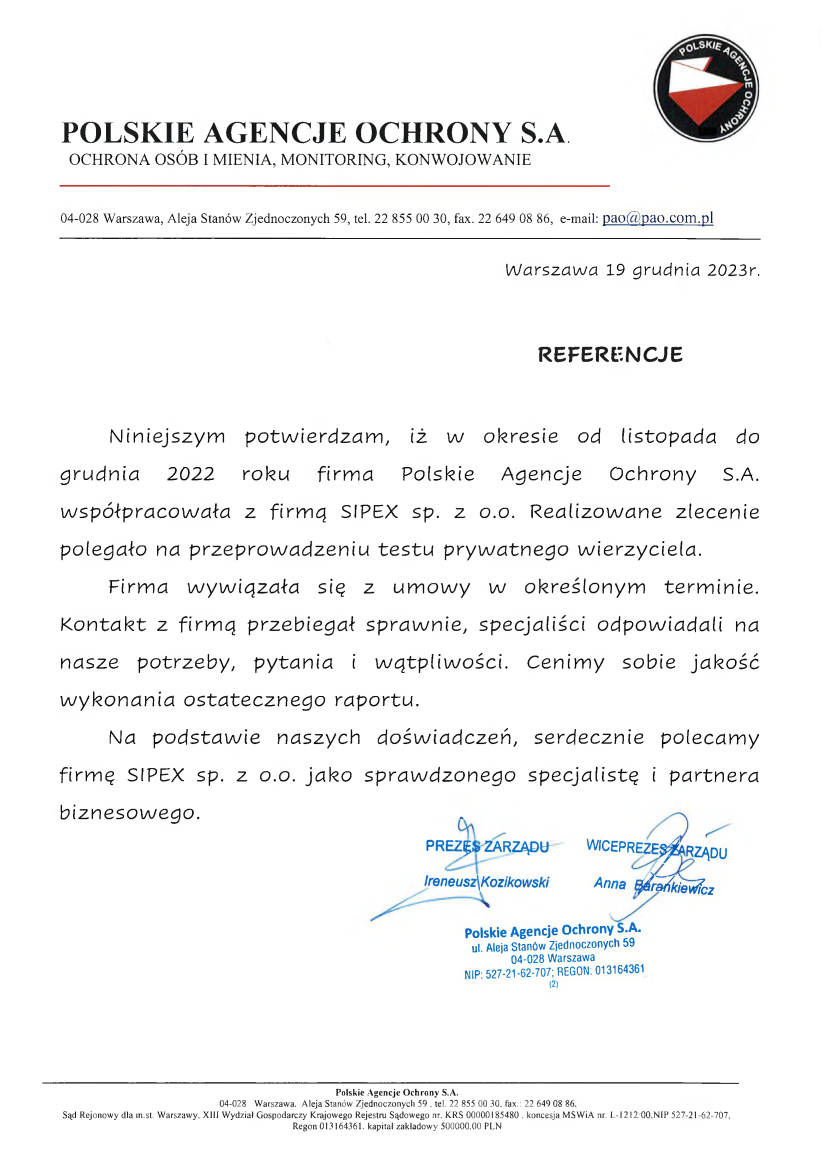 List referencyjny: Polskie Agencje Ochrony S.A.