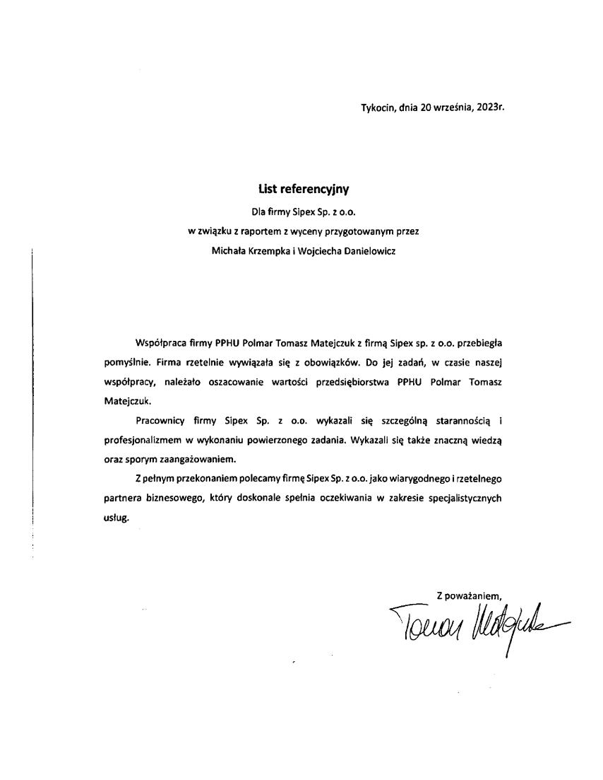 List referencyjny: PPHU Polmar Tomasz Matejczuk