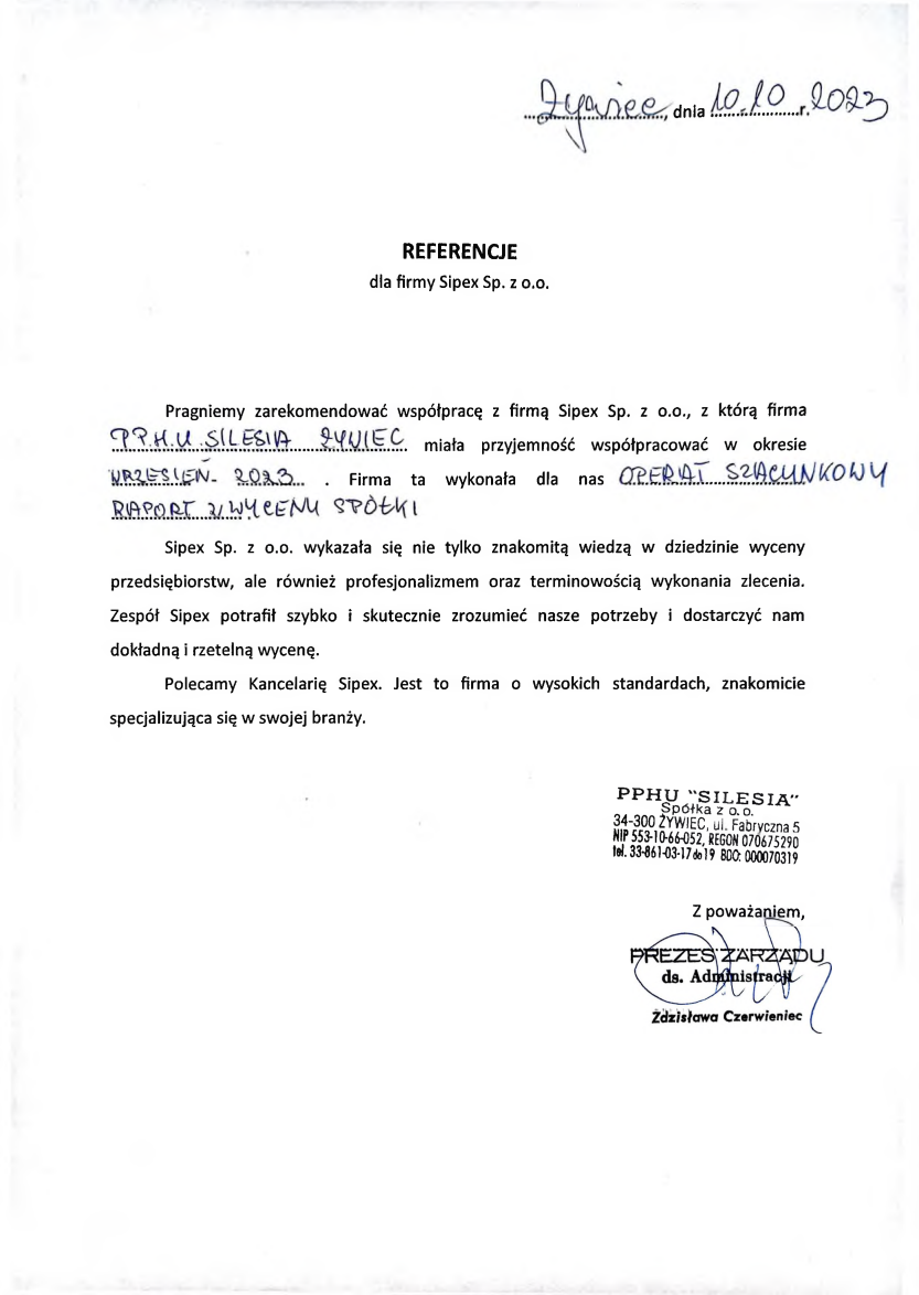 List referencyjny: PPHU "SILESIA" Spółka z o.o.