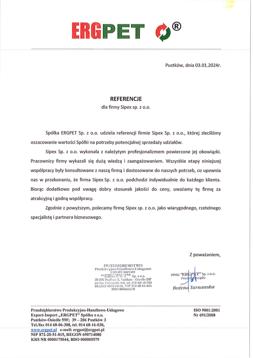 List referencyjny: Przedsiębiorstwo Produkcyjno-Handlowo-Usługowe Export-Import „ERGPET” Spółka z o.o.