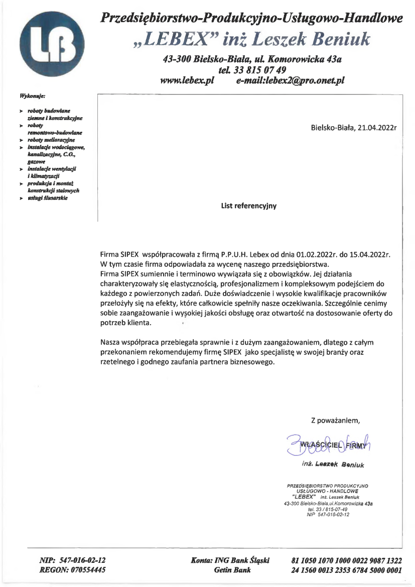 List referencyjny: Przedsiębiorstwo Produkcyjno-Usługowo-Handlowe „LEBEX” inż. Leszek Beniuk