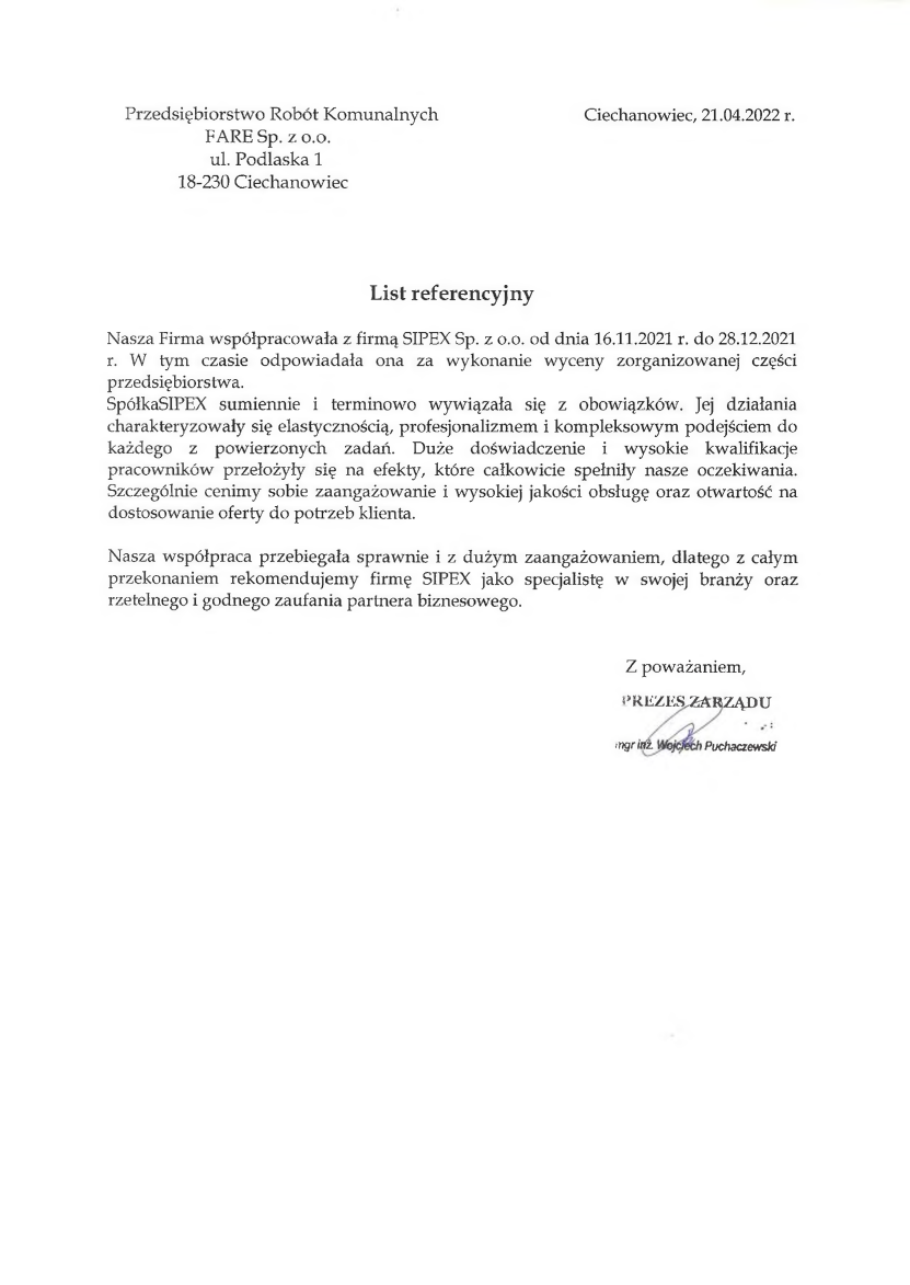 List referencyjny: Przedsiębiorstwo Robót Komunalnych FARE Sp. z o.o.