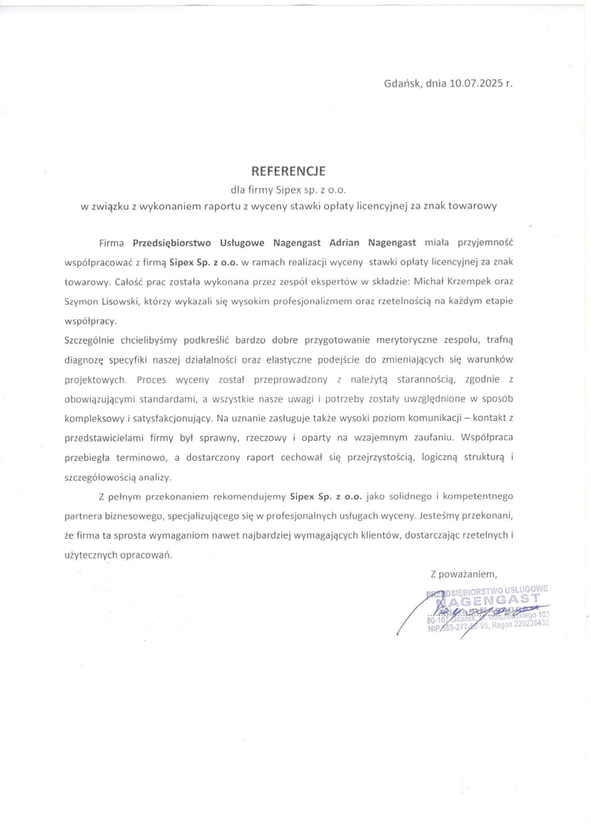 List referencyjny: Przedsiębiorstwo Usługowe Nagengast Adrian Nagengast