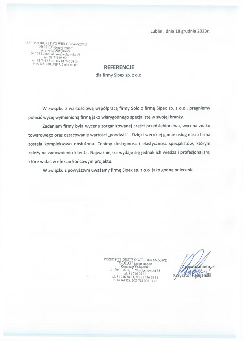 List referencyjny: Przedsiębiorstwo Wielobranżowe „SOLO” Export-Import Krzysztof Fabijański