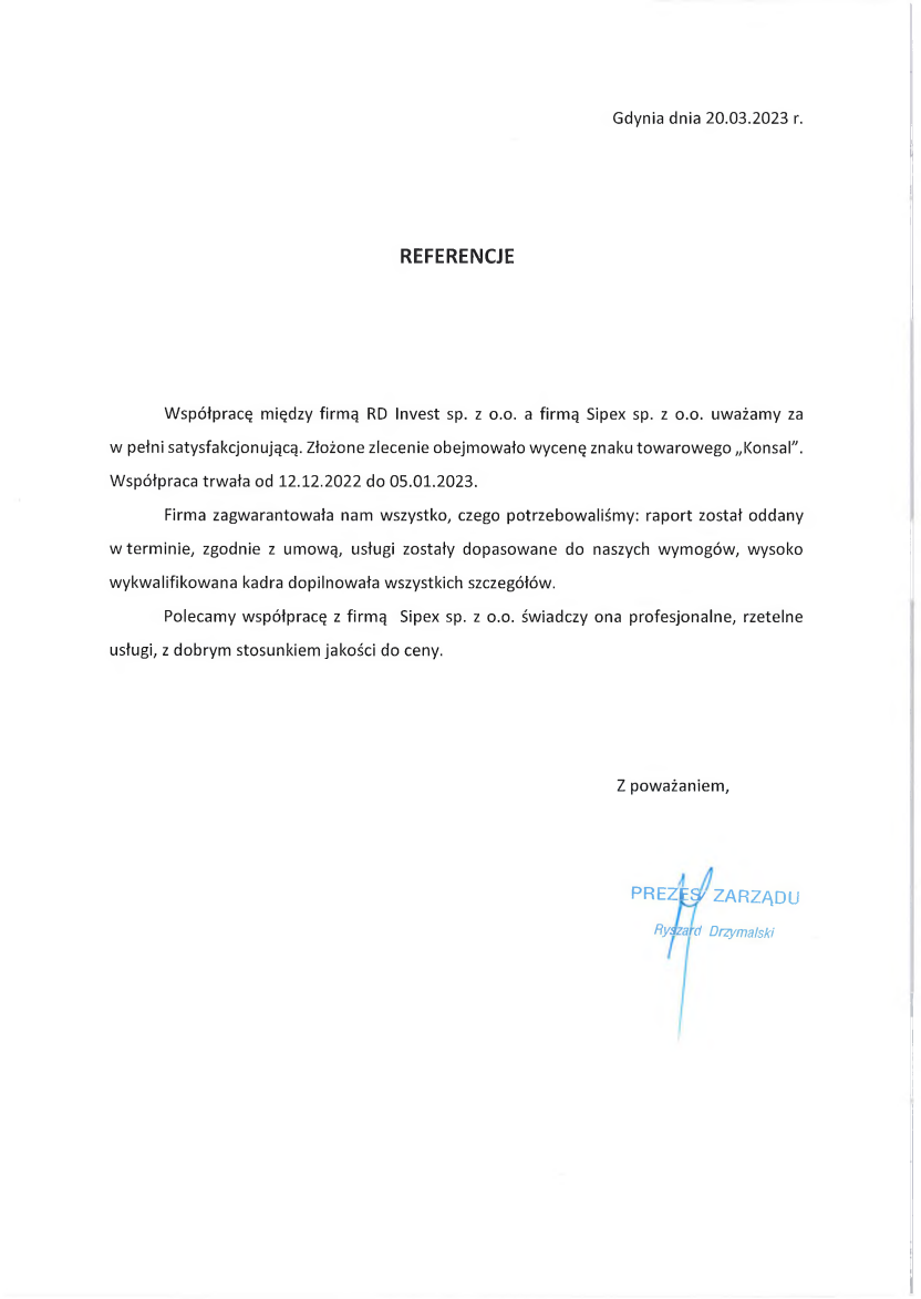 List referencyjny: RD Invest sp. z o.o.