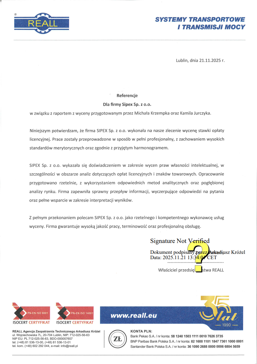 List referencyjny: REALL Agencja Zaopatrzenia Technicznego Arkadiusz Króżel