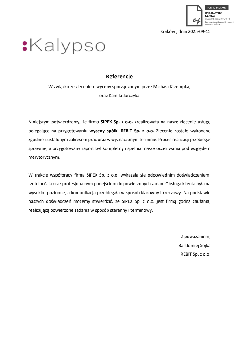 List referencyjny: REBIT Sp. z o.o.