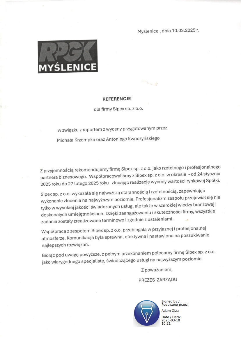 List referencyjny: Rejonowe Przedsiębiorstwo Gospodarki Komunalnej sp. z o.o.