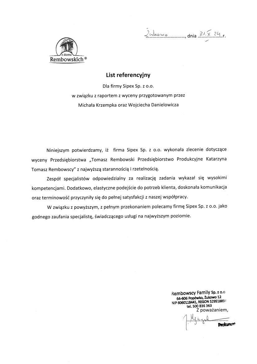 List referencyjny: Rembowscy Family Sp. z o.o.