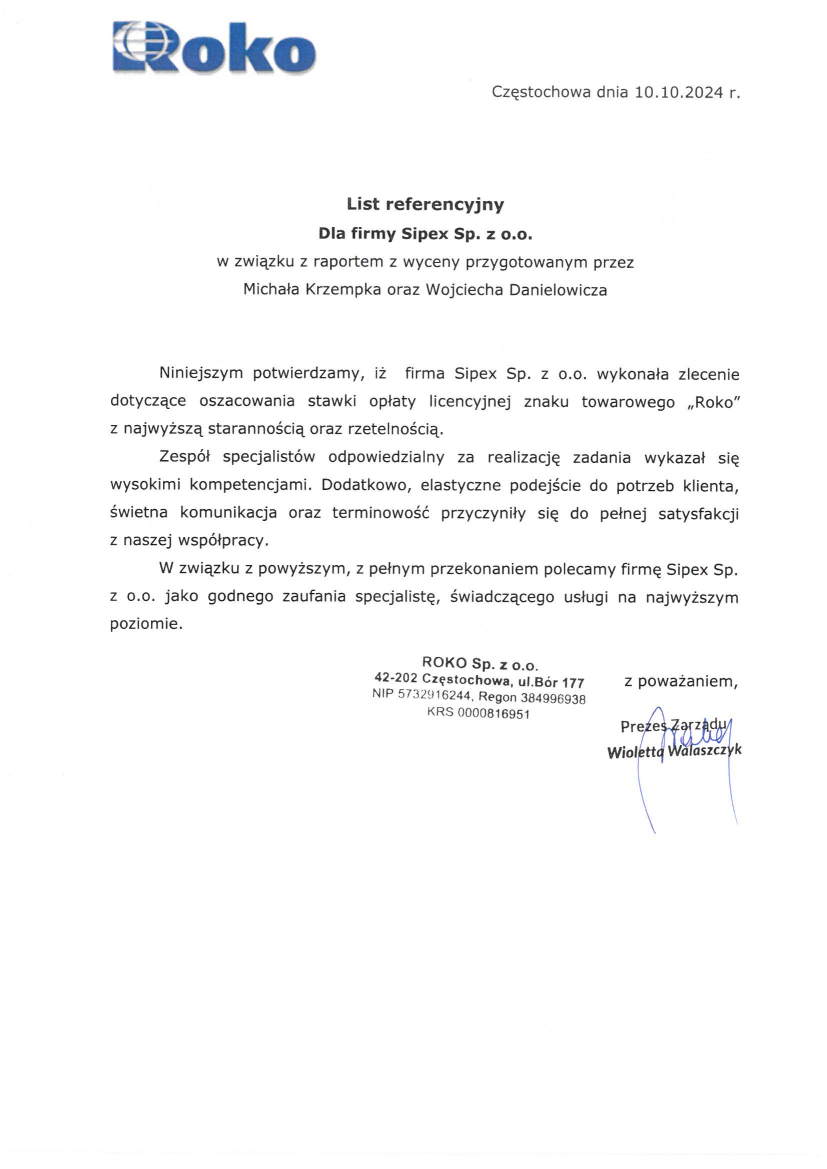List referencyjny: ROKO Sp. z o.o.