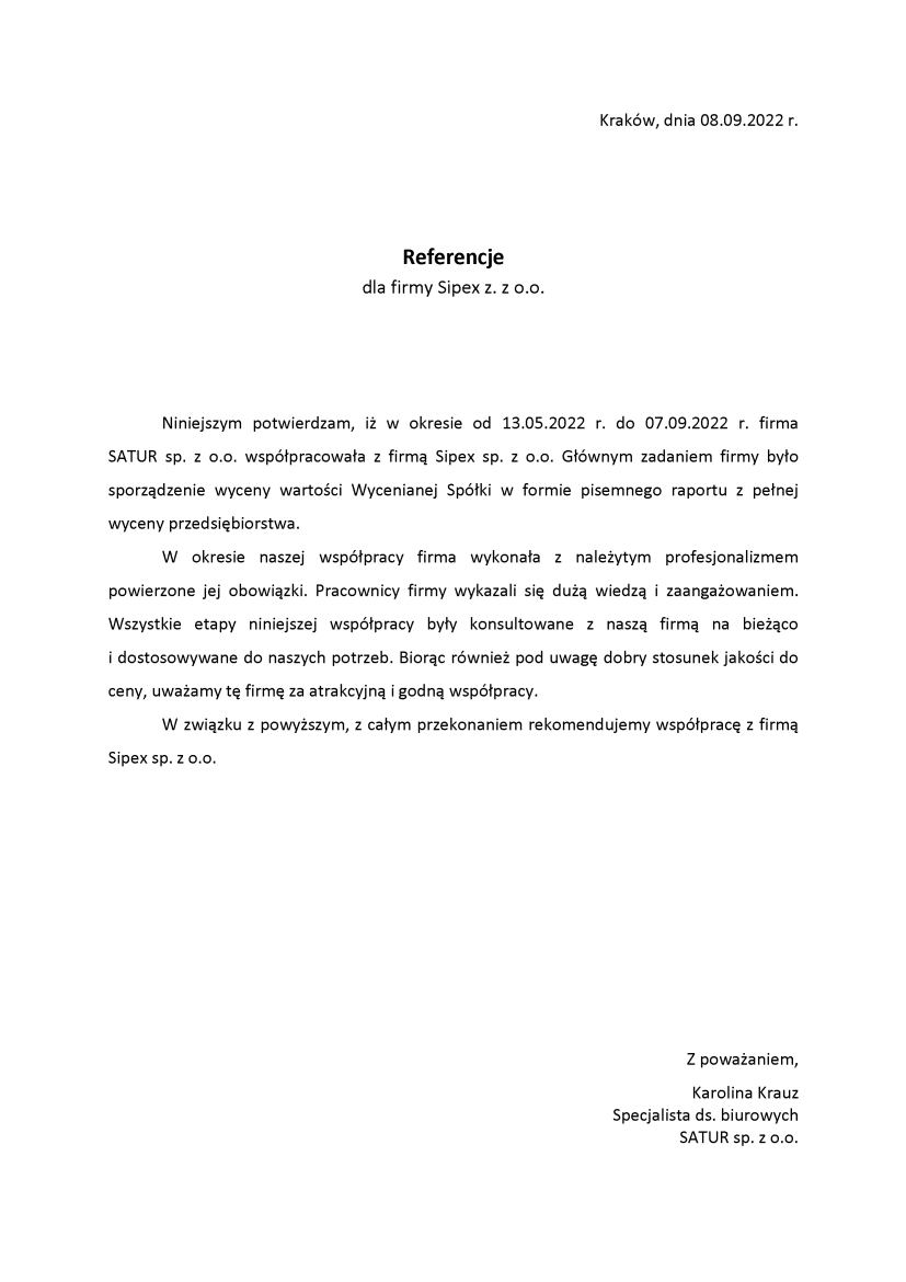 List referencyjny: SATUR sp. z o.o.