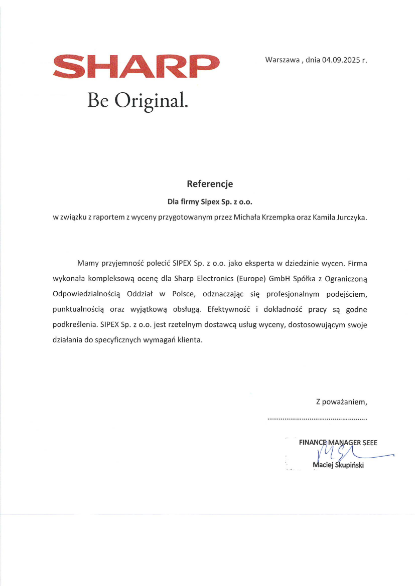 List referencyjny: Sharp Electronics (Europe) GmbH Spółka z Ograniczoną Odpowiedzialnością Oddział w Polsce