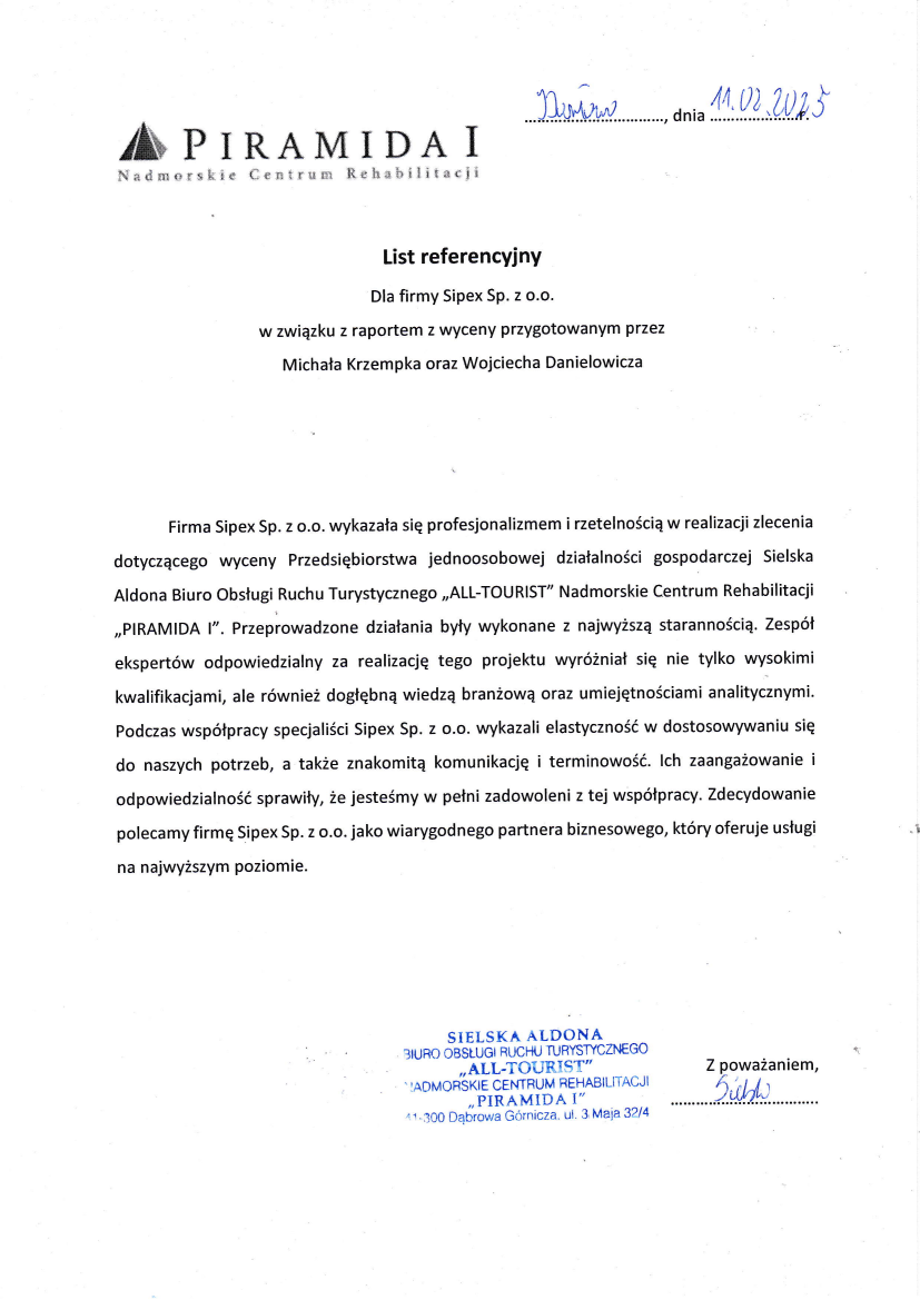 List referencyjny: Sielska Aldona Biuro Obsługi Ruchu Turystycznego „ALL-TOURIST” Nadmorskie Centrum Rehabilitacji „PIRAMIDA I”