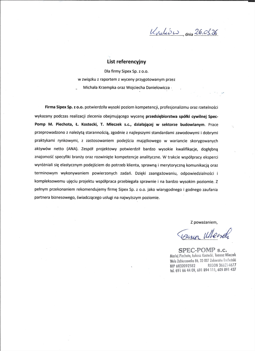 List referencyjny: Spec-Pomp M. Piechota, Ł. Kostecki, T. Mleczek s.c.