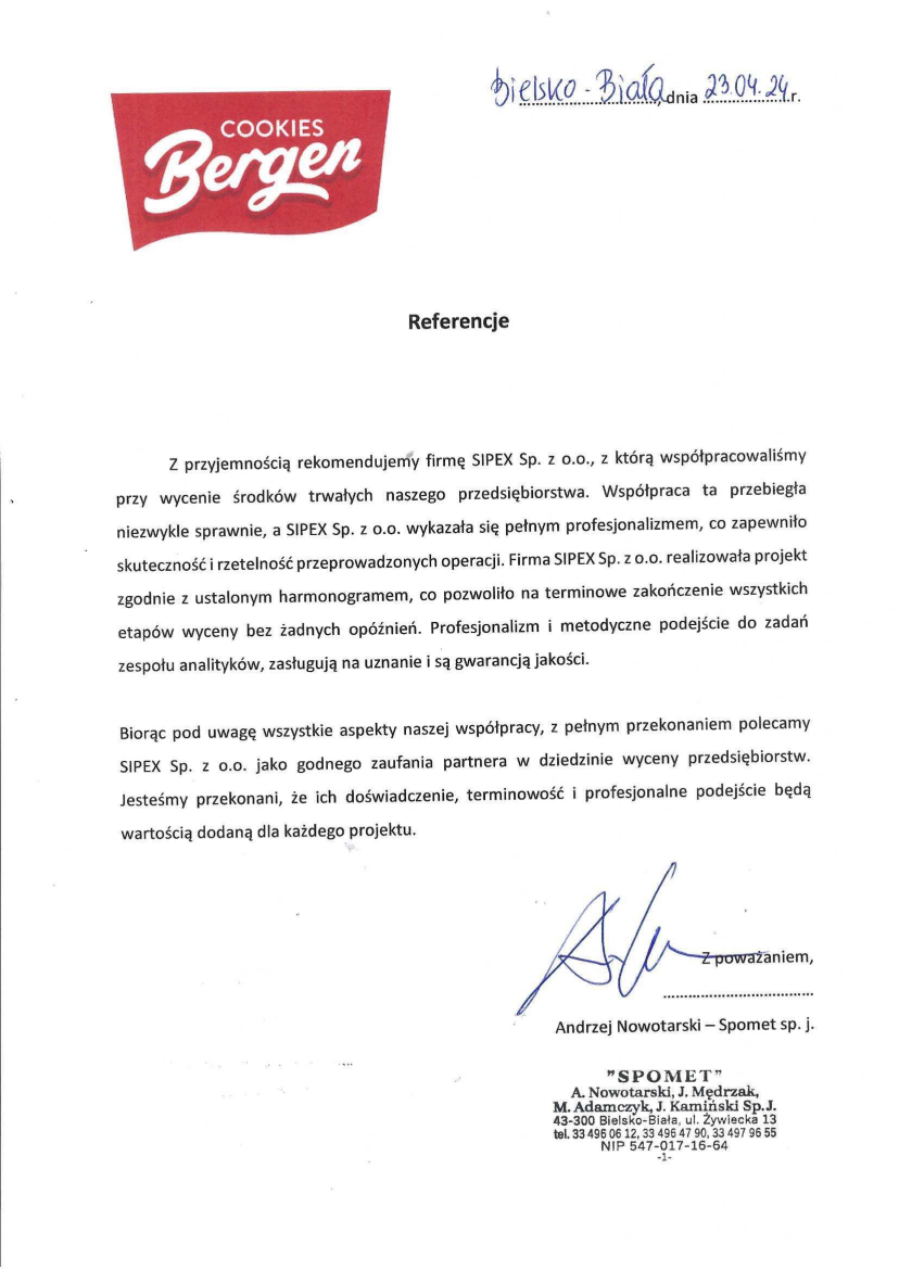 List referencyjny: SPOMET A. Nowotarski, J. Mędrzak, M. Adamczyk, J. Kamiński Sp.J.
