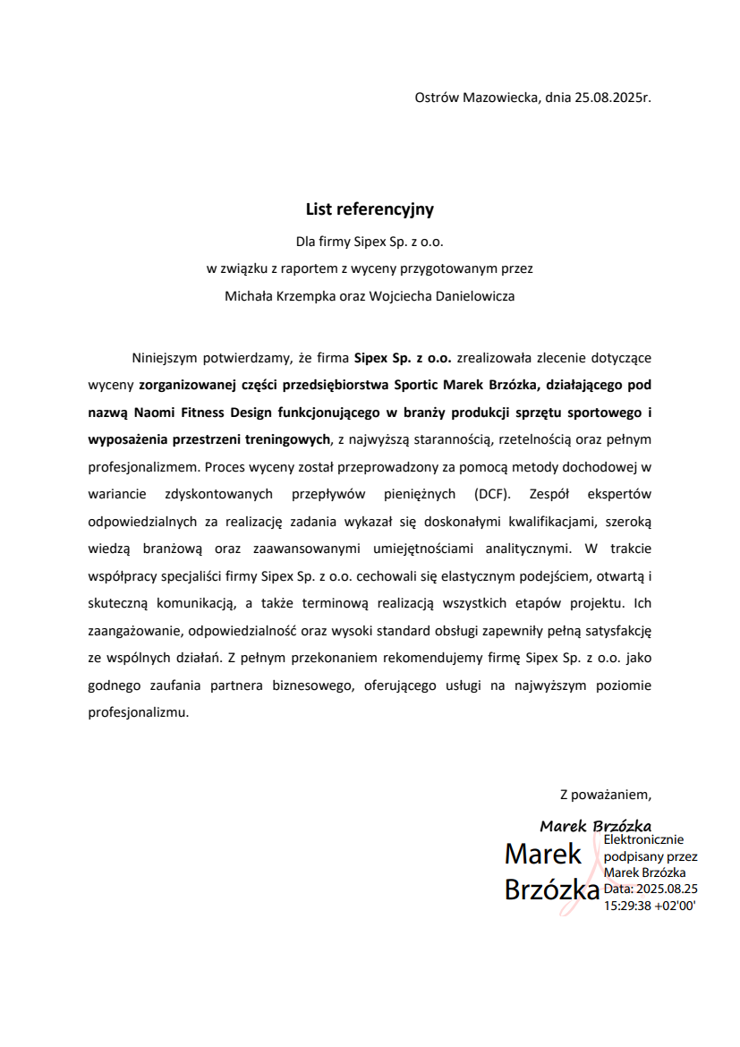 List referencyjny: Sportic Marek Brzózka