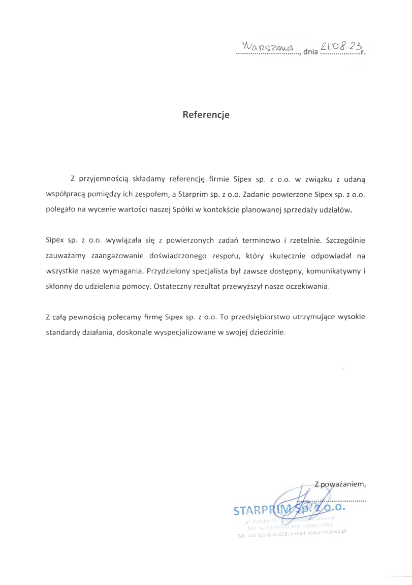 List referencyjny: Starprim sp. z o.o.