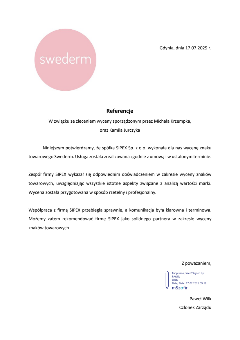 List referencyjny: SWEDERM