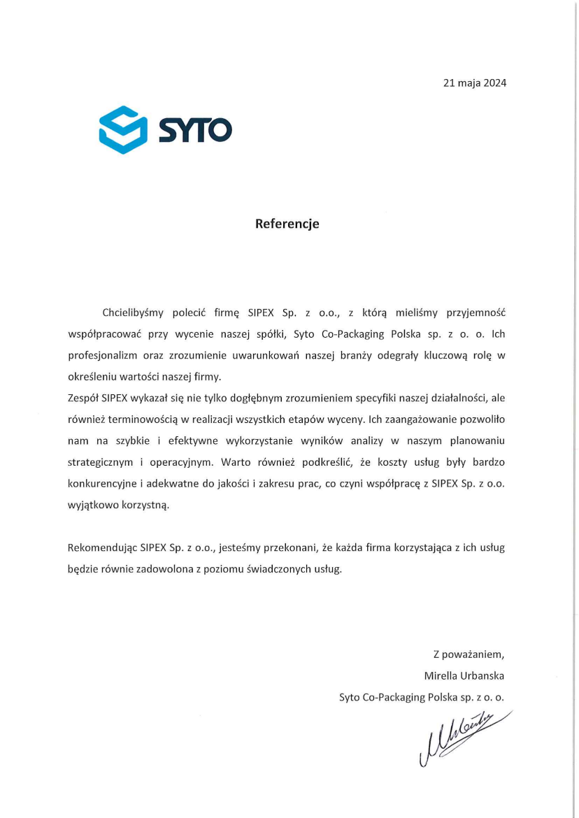 List referencyjny: Syto Co-Packaging Polska sp. z o.o.