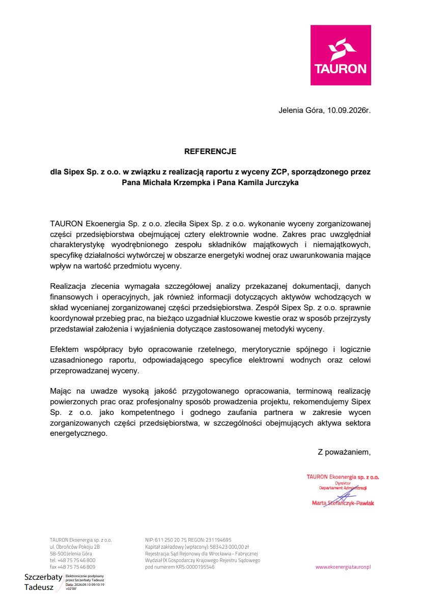 List referencyjny: TAURON Ekoenergia Sp. z o.o.