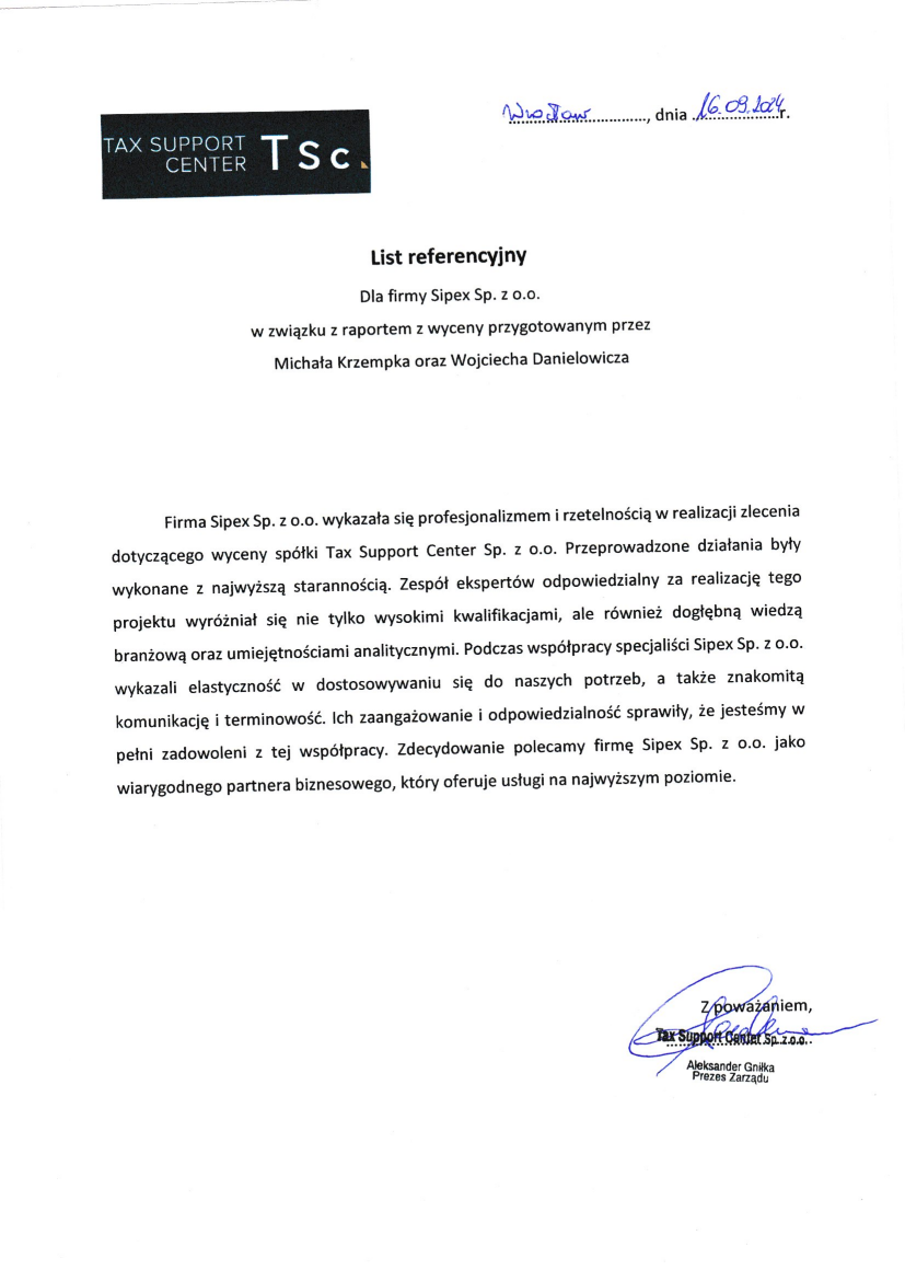 List referencyjny: Tax Support Center Sp. z o.o.