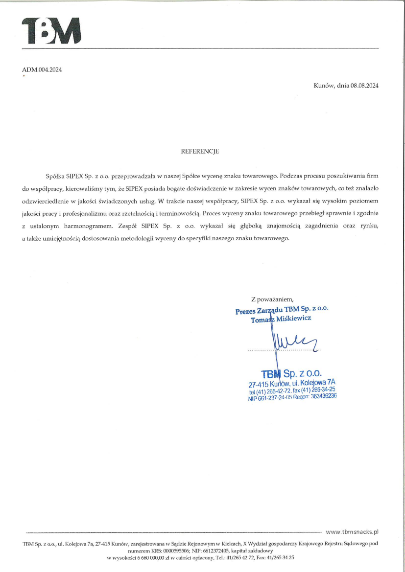 List referencyjny: TBM Sp. z o.o.
