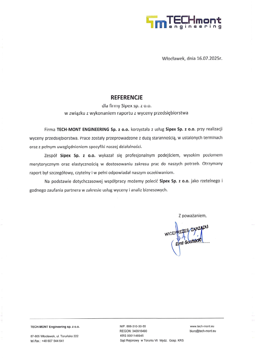 List referencyjny: TECH-MONT ENGINEERING sp. z o.o.