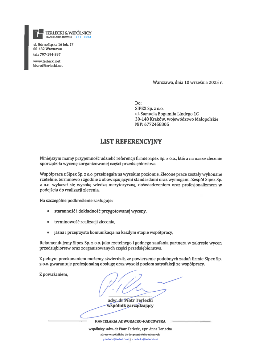 List referencyjny: TERLECKI & WSPÓLNICY — Kancelaria Prawna