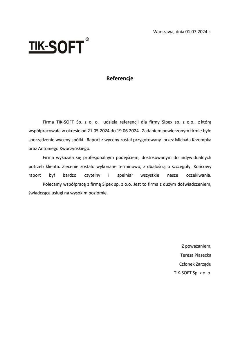 List referencyjny: TIK-SOFT Sp. z o.o.