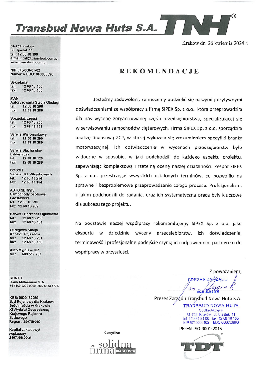 List referencyjny: Transbud Nowa Huta S.A.