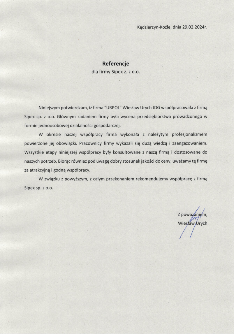 List referencyjny: "URPOL" Wiesław Urych JDG