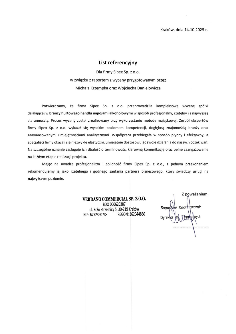 List referencyjny: VERDANO COMMERCIAL Sp. z o.o.