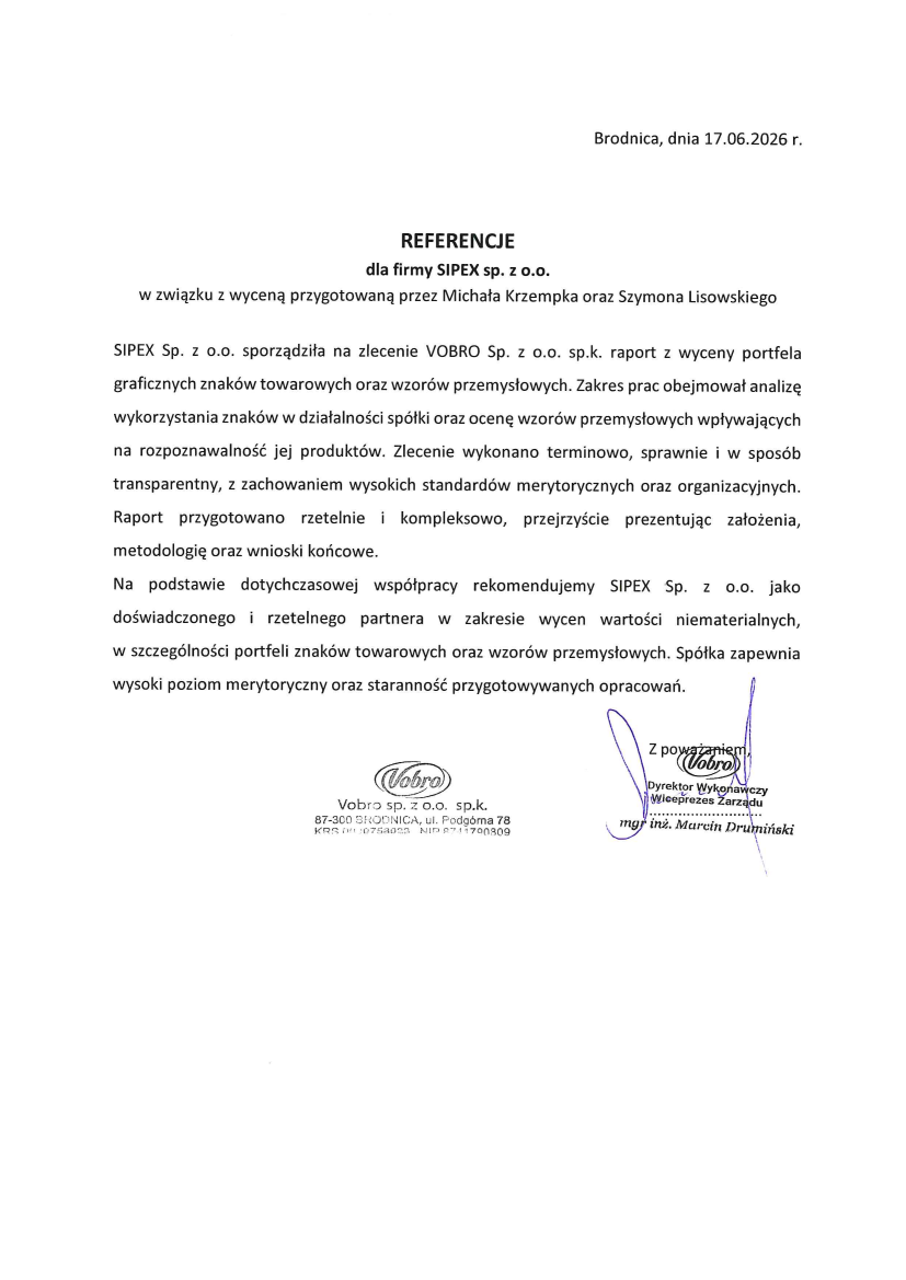 List referencyjny: VOBRO sp. z o.o. sp.k.