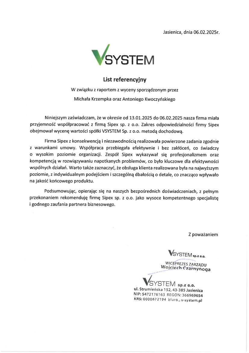 List referencyjny: VSYSTEM sp. z o.o.
