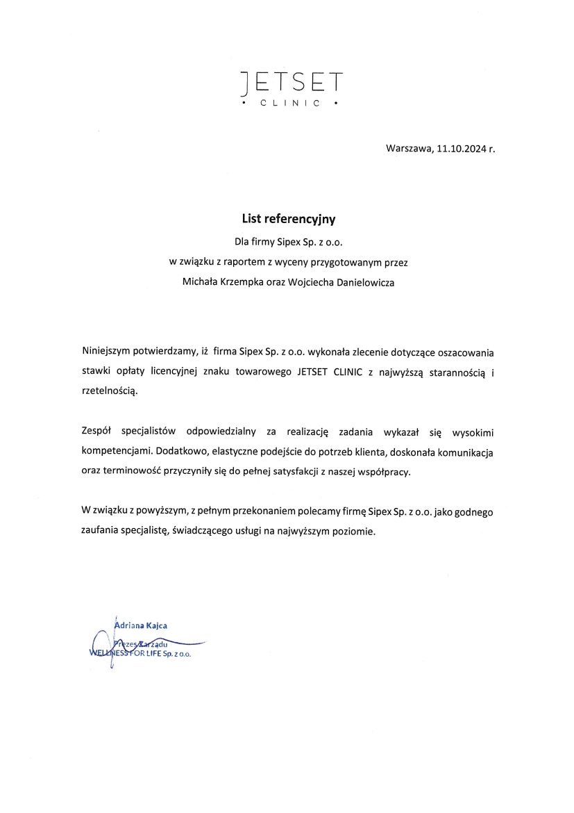 List referencyjny: WELENESS FOR LIFE Sp. z o.o.