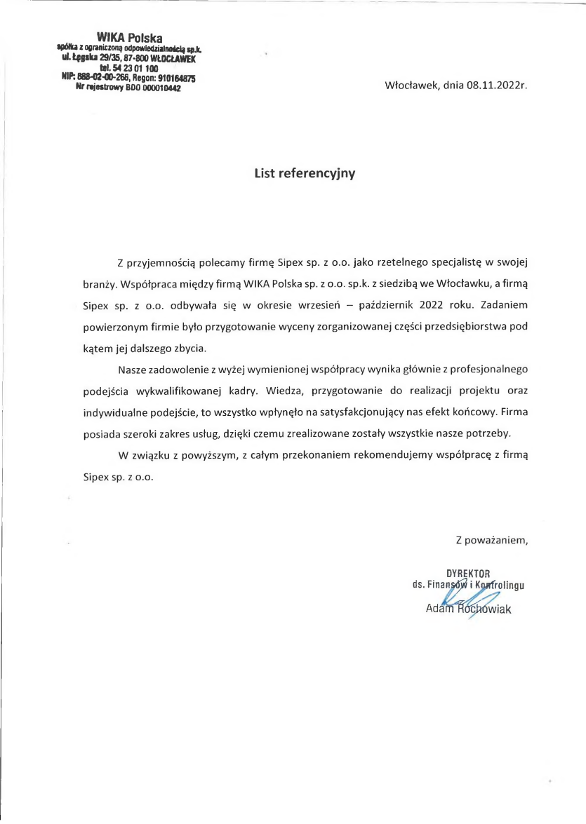 List referencyjny: WIKA Polska spółka z ograniczoną odpowiedzialnością sp.k.