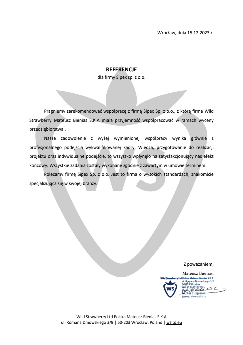 List referencyjny: Wild Strawberry Ltd Polska Mateusz Bienias S.K.A
