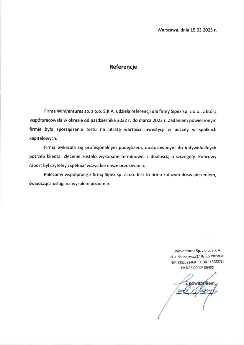 List referencyjny: WinVentures sp. z o.o. S.K.A.